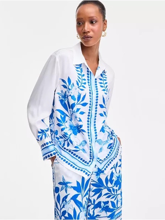 INC International Concepts Tops - White & Blue Floral Print Long-Sleeve Button Shirt . INC XL